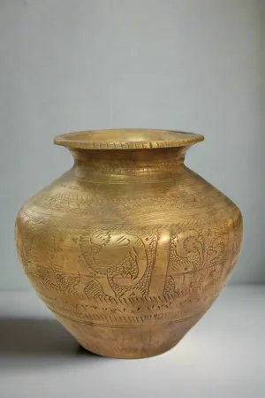 Vintage Brass Water Pot exquisitely engraved with Elephant and leaves design  / kalash ( Lota )